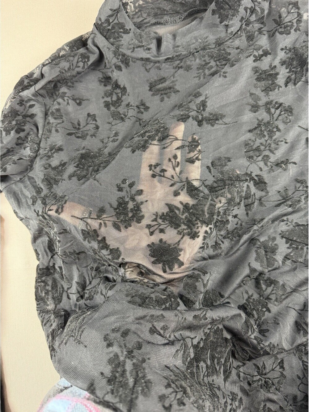 BemorRun Gray Black Floral Flocked Mesh Sheer Stretch Mock Neck Top Women’s M - Picture 5 of 7